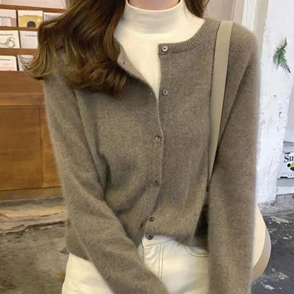 Korean Round Neck Knitted Cardigan Women Autumn Winter Simple Single Breasted Sweaters Woman Solid Color Long Sleeve Cardigans