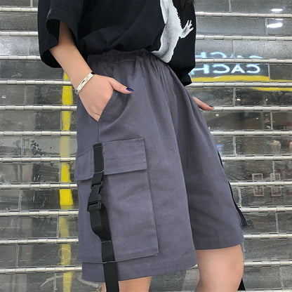 Gothic Black Cargo Shorts Women Summer Streetwear Couple Wide Leg Shorts Woman Harajuku Big Pockets Knee Length Pants 4Xl