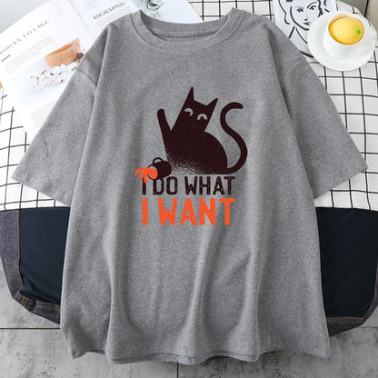 Funny Black Cat Anime I Do What I Want Mans Tops Oversize Trend Tee Clothing Creativity Casual Cotton T-Shirts Men Short Sleeve