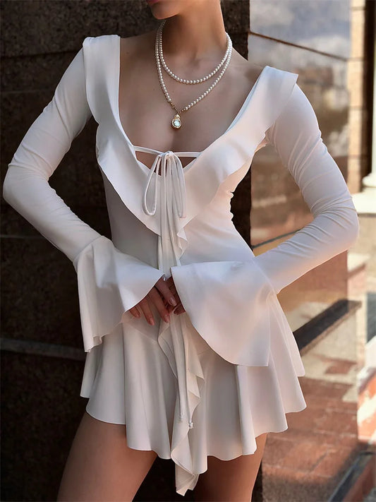 Ruffled Lace-Up White Mini Dress Women's V-Neck Patchwork Long Sleeve Sexy Slim Dress Bandage Elegant Female Summer Dress