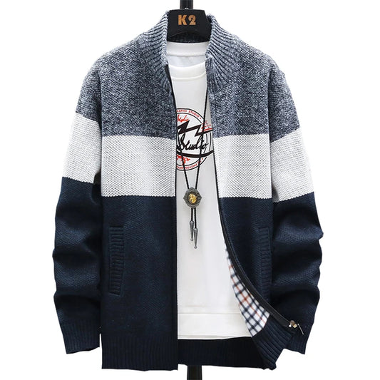 2025 Winter Men Sweater Add Velvet Cardigan Patchwork Color Stand Collar Male Casual Zipper Knitted Thick Warm Sweatercoat