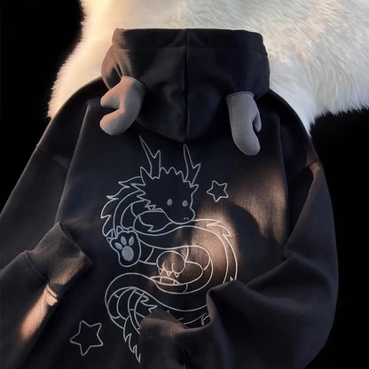 Harajuku New Zip Up Hoodie Year of The Dragon Embroidered Hoodies Long Sleeve Pullover Clothes Couple Velvet Sweatshirt Hoodie