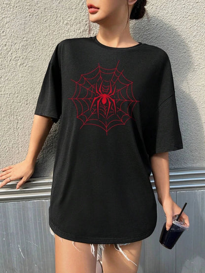 Simple Red Spider Printing Womens Cotton T-Shirts Casual O-neck Loose Tee Tops Street Fashion Short Sleeve Breathable Clothes