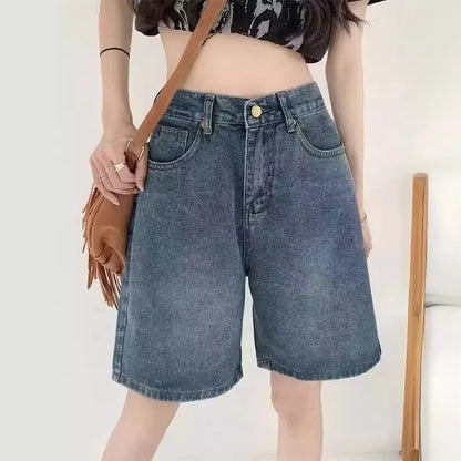 Korean Style Simplewashingdenim Women's High-Waisted Slimming Straight-Leg Wide-Leg Mid-Length Trendy Shorts Summer