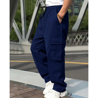 Casual Streetwear Pants Solid Color Cargo Pants Drawstring Design Multi Pocket Loose Baggy Pants for Men's Workwear Trousers