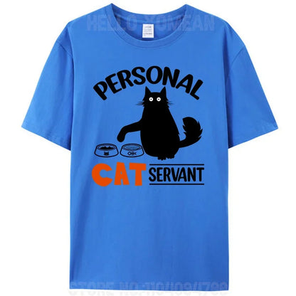 Black Cat Personal Cat Servant Funny Cat Meme Women Men's T-Shirt Clothing Short Sleeve Cotton Round Neck Tees Shirts Tops