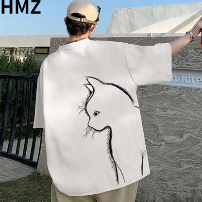 HMZ Summer T-shirt Men Oversized Cartoon Cat Print Tees High Street Unisex Top T shirts Loose Cotton T-shirt Men Daily Clothing