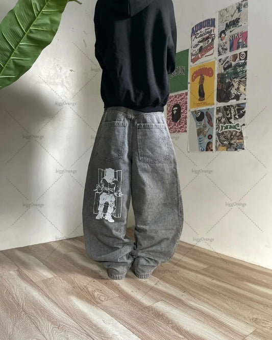 2024 American Retro Striped Washed Baggy Jeans Women Y2K Harajuku Street Hip Hop Anime Print Trend Straight Wide Leg Pants Men