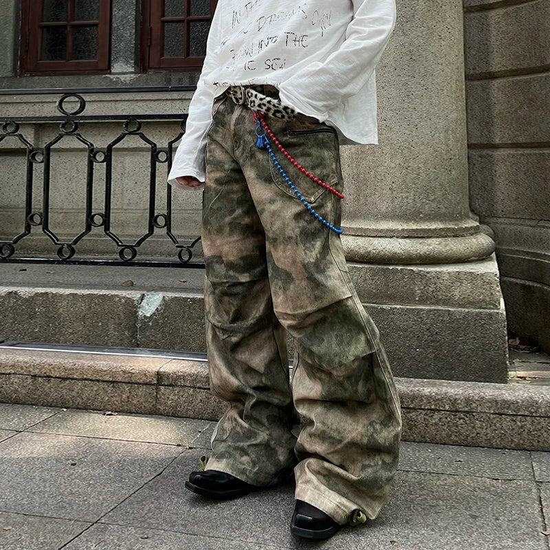 PFNW American Pleated Camouflage Straight Cargo Pants For Men Niche Vintage Loose Wide Leg Pants High Street Trousers 12C1807