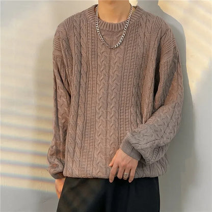 New Men's Sweater Loose-Fit Round Neck Casual Knitted Top Trendy Brand Autumn Winter Vintage Hong Kong Style Cozy Pullover