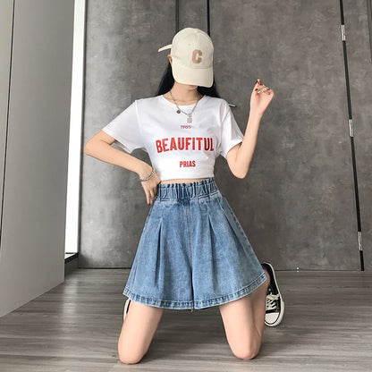 Casual Streetwear Oversized Denim Shorts Women M-5XL 6XL Large Size Short Femme Elastic Waist Loose Wide Leg Jeans Skirt Shorts