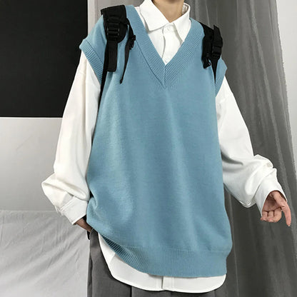 Men Sweater Vest V Neck Solid Color Sleeveless All Match Spring Sweater for School Male Pullovers Men's Clothing Streetwear