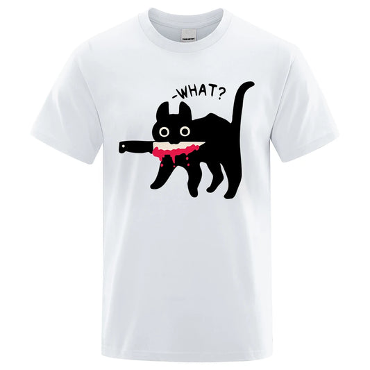 The Killer Cat With A Knife In Its Mouth Tshirts Men Women Summer Cotton Half Sleeve Oversized Loose Cotton Street Tee Shirt