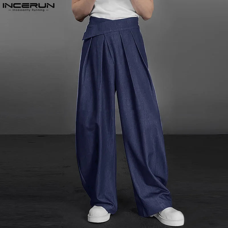 INCERUN Men Pants Solid Color Loose Joggers Casual Straight Trousers Men Streetwear 2024 Pleated Korean Style Fashion Long Pants