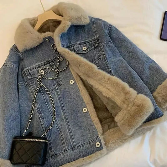 Jean Jacket For Women Autumn And Winter New Retro Lamb Wool Casual Loose bf Plush Thick Casual Style Overcome Women Denim Coat