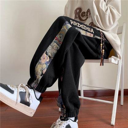 Autumn Bear Embroidery Drawstring Pants Trend Design Sense Niche Sweat Pants Fashion Loose Casual Women Men Sweatpants