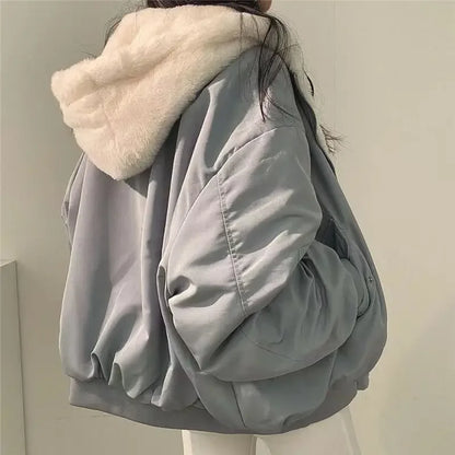 Women Parkas Coat Korean Thick Warm Coats Solid Zipper Hooded Loose Jacket Casual Full Sleeve Regular Splice Pockets Winter