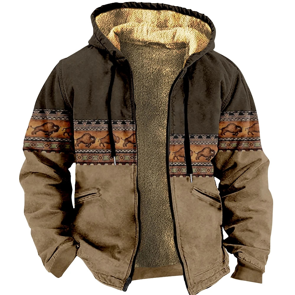 Men's Zipper Hoodies Bison Pattern Print Casual Winter Clothing Long Sleeve Sweatshirt Casual Hooded Jacket Outerwear