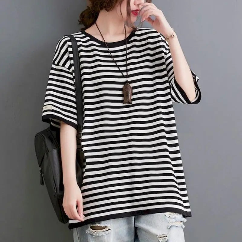 Cotton Stripe T-shirts Women Casual Loose Short Sleeve Slim Tops Summer Trend Thin Oversized T Shirt Korean Style Tshirt Y2k Top