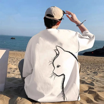 HMZ Summer T-shirt Men Oversized Cartoon Cat Print Tees High Street Unisex Top T shirts Loose Cotton T-shirt Men Daily Clothing