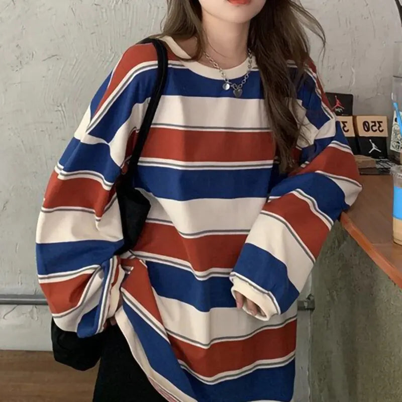 Women's Casual Long Sleeve T-shirt Fashion Stripe Printing Round Neck Loose Pullover Tops