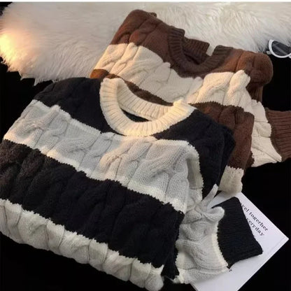 New Patchwork Striped Crewneck Sweaters For Men Hip Hop Fashion Knitted Jersey Hombre Winter Y2K Vintage Pullovers Knitwear