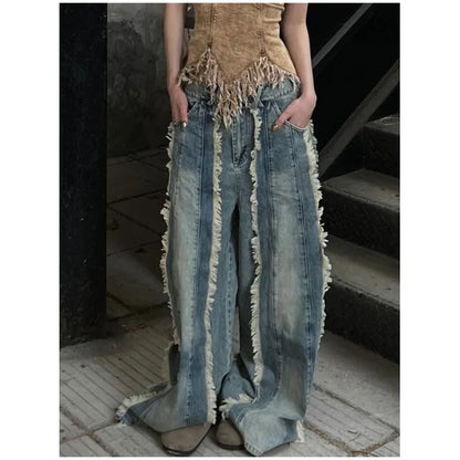 Blue Womens Jeans High Waist Vintage Straight Baggy Pants Y2K Hip Hop Design Sense Streetwear American Wide Leg Denim Trouser