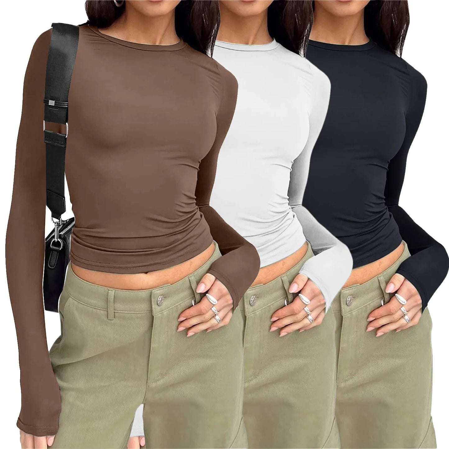 3 Piece Set Basic T Shirts Women Long Sleeve Shirts Tops Slim Fit Summer New Fashion Crop Tops Bottom Shirts Streetwear Tops