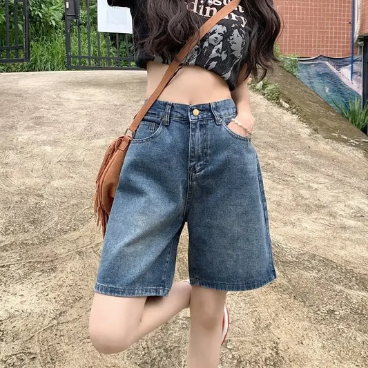 Women's Summer Petite Straight-leg Slimming Jeans Style Vintage Design Sensibility Loose-fit Wide-leg Five-piece Shorts