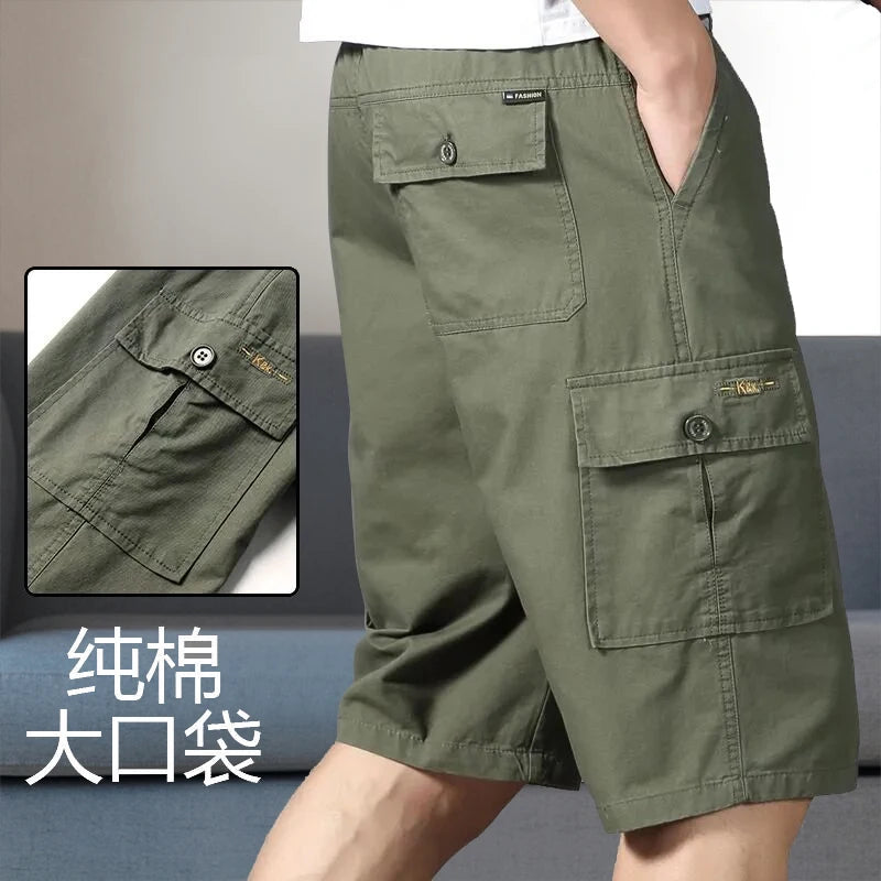 Mens Cargo Shorts Knee Pants Zipper Pocket Summer Cotton Shorts Climbing Jogger Elastic Waist Sports Wear