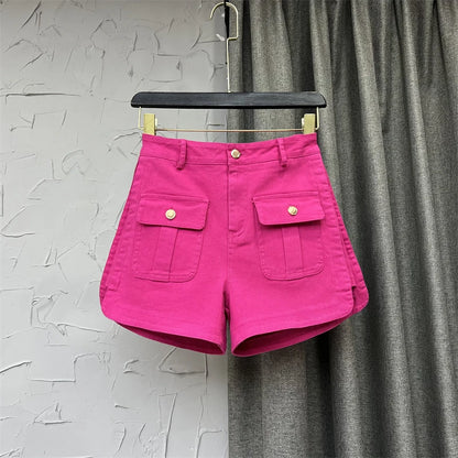 Rose Red High Waist denim Shorts 2023 Summer Fashion Split Thin Button All-Match A-line Wide-Leg Cargo Pants Femal Solid Jeans