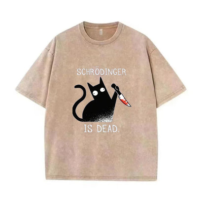 Schrodinger is dead Black Cat Fashion Wash Cotton T shirt Men's High Quality T-shirt Oversized T-shirt Short Sleeve Street Top