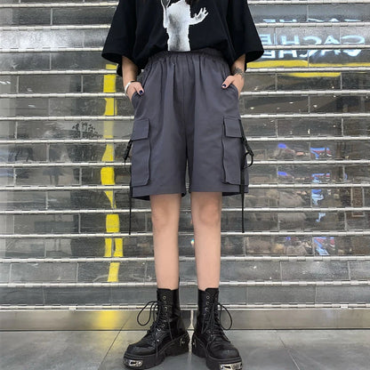 Gothic Black Cargo Shorts Women Summer Streetwear Couple Wide Leg Shorts Woman Harajuku Big Pockets Knee Length Pants 4Xl