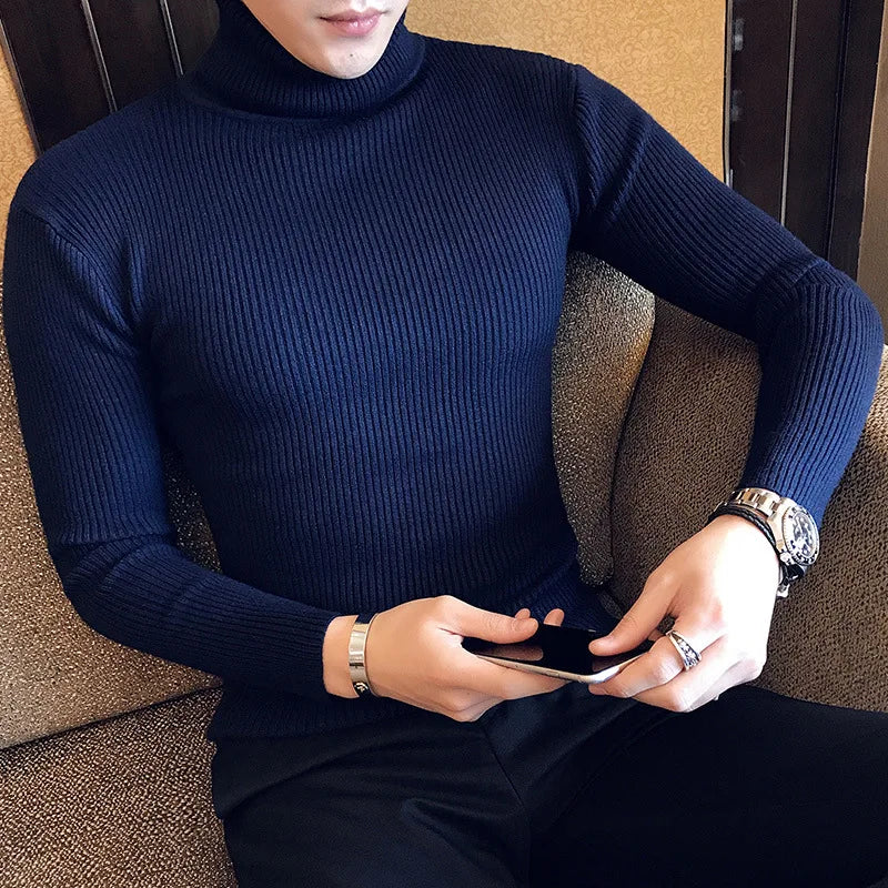 Mens Turtleneck Sweaters Winter Warm Knit Pullover Korean Cotton Solid Color Casual Slim Sweater Male Clothing Bottoming Shirt