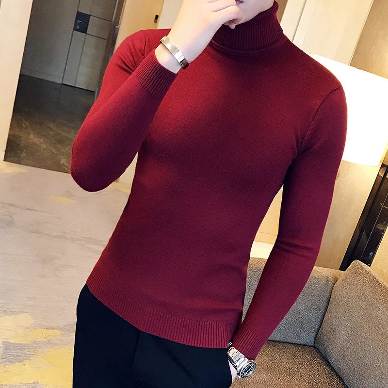 Mens Turtleneck Sweaters Winter Warm Knit Pullover Korean Cotton Solid Color Casual Slim Sweater Male Clothing Bottoming Shirt