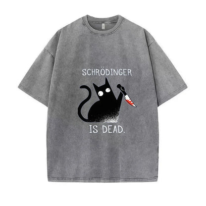 Schrodinger is dead Black Cat Fashion Wash Cotton T shirt Men's High Quality T-shirt Oversized T-shirt Short Sleeve Street Top