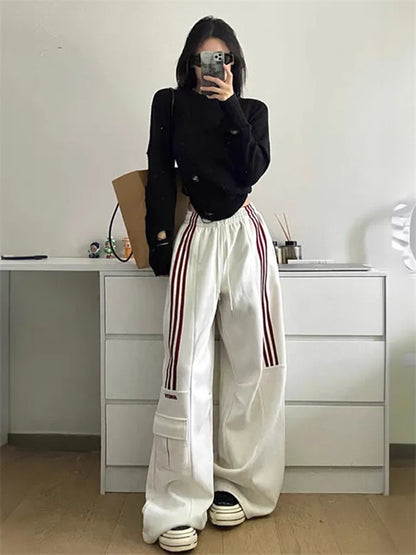 MEXZT Oversized Striped Sweatpants Women Y2K Streetwear Cargo Pants Harajuku Wide Leg Joggers High Waist Baggy Sports Trousers