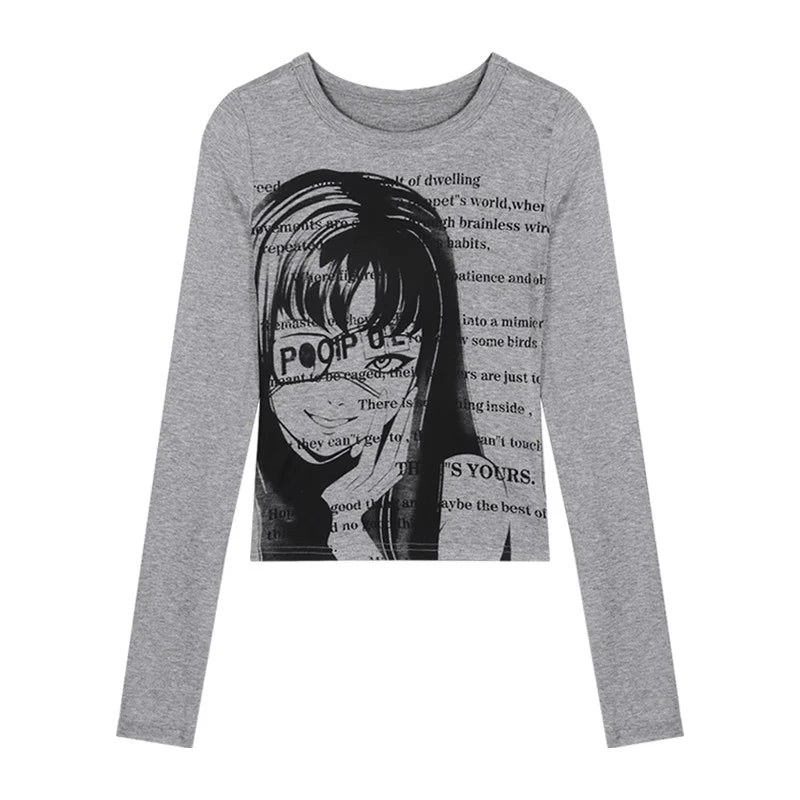 Vintage Women Y2K Clothes T-shirt Cotto Blusas O-neck Long Sleeve Tops Print Tunic Grunge Woman Clothing Fashion Casual Crop Top