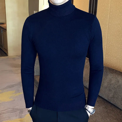 Mens Turtleneck Sweaters Winter Warm Knit Pullover Korean Cotton Solid Color Casual Slim Sweater Male Clothing Bottoming Shirt