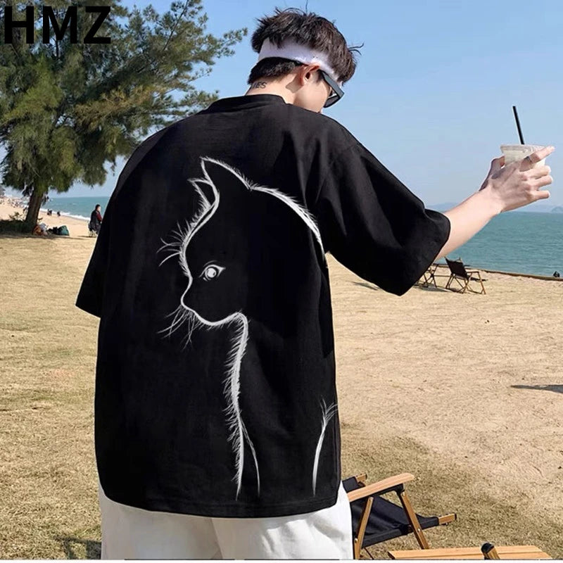 HMZ Summer T-shirt Men Oversized Cartoon Cat Print Tees High Street Unisex Top T shirts Loose Cotton T-shirt Men Daily Clothing