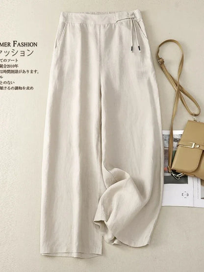 Retro Artistic Summer Wide Leg Pants Women Elastic High Waist Cotton and Linen Casual Pants Loose Straight Yellow Women's Pants