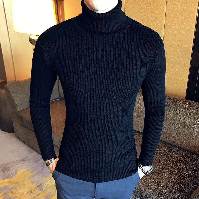 Mens Turtleneck Sweaters Winter Warm Knit Pullover Korean Cotton Solid Color Casual Slim Sweater Male Clothing Bottoming Shirt