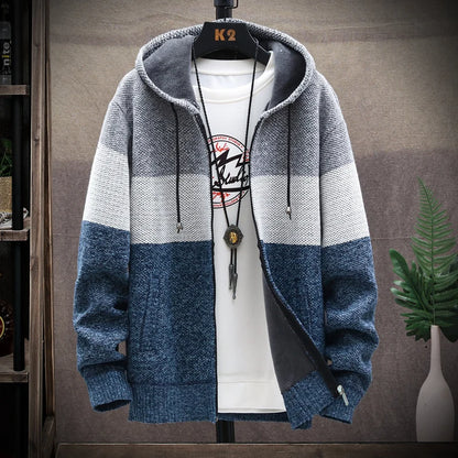 2025 Winter Men Sweater Add Velvet Cardigan Patchwork Color Stand Collar Male Casual Zipper Knitted Thick Warm Sweatercoat