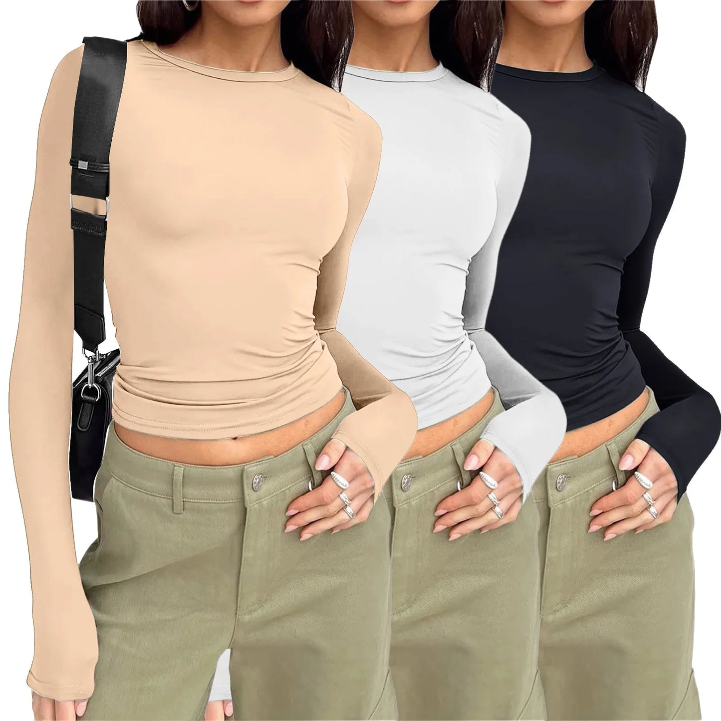 3 Piece Set Basic T Shirts Women Long Sleeve Shirts Tops Slim Fit Summer New Fashion Crop Tops Bottom Shirts Streetwear Tops