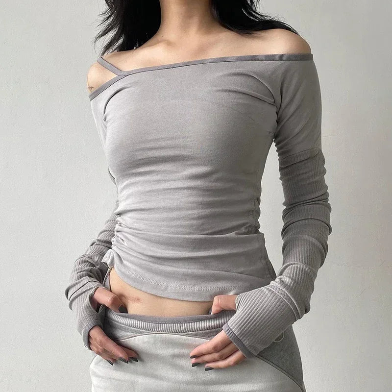 Solid Patchwork Crop Top Bandage Asymmetrical T Shirt Women Full Skeeve Korean Harajuku Tee Casual Stylish Autumn 90s