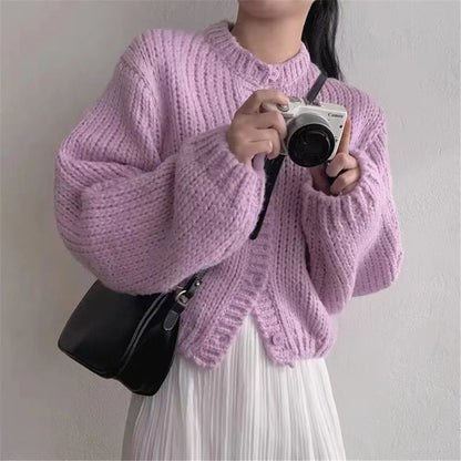 2023 Autumn Winter Outerwear Korean Preppy Style Cardigan Sweater Ladies White Candy Color Fashion Soft Knit Jacket Women's