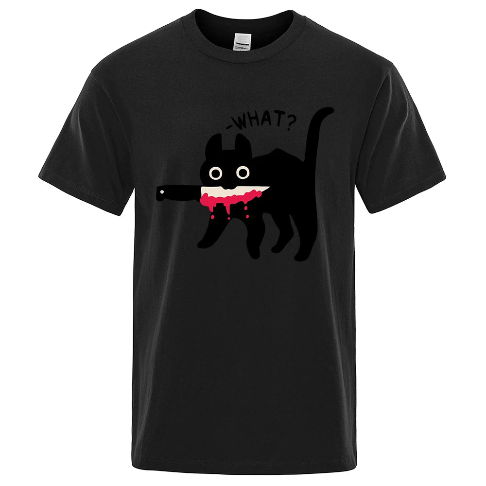 The Killer Cat With A Knife In Its Mouth Tshirts Men Women Summer Cotton Half Sleeve Oversized Loose Cotton Street Tee Shirt