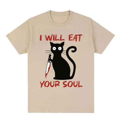 I Will Eat Your Soul Black Cat Horror Blood with Knife Funny Meme T Shirt Men Women Retro Harajuku Oversized Cotton Tshirts Tops