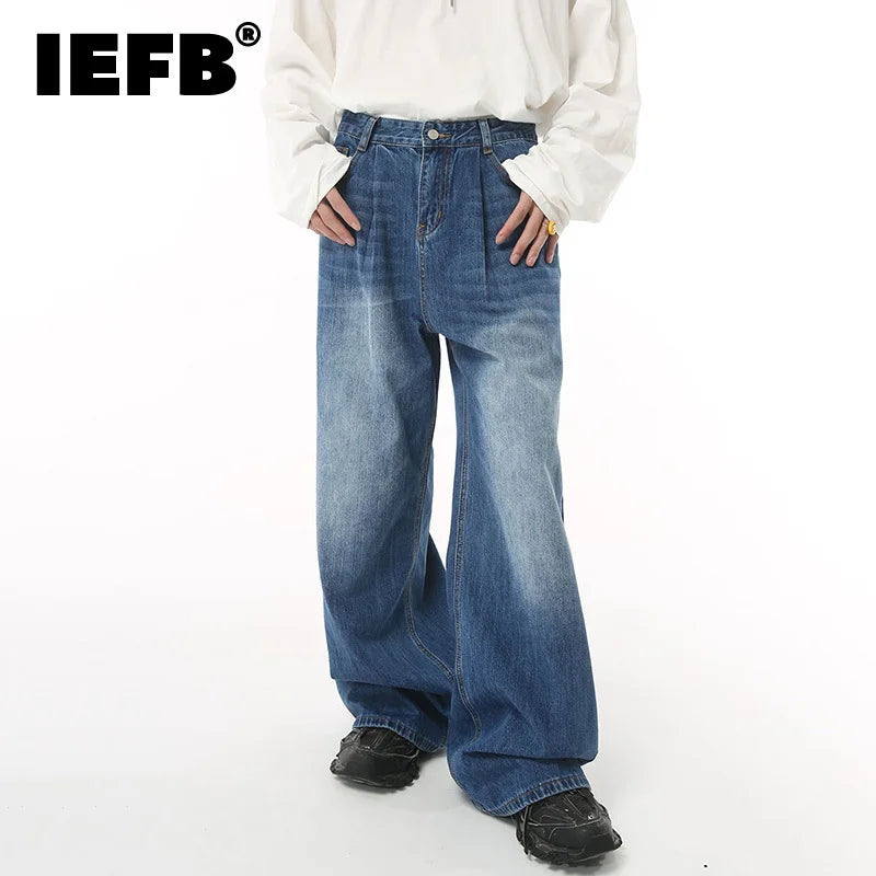 IEFB Baggy Jeans Trend Men's Korean Style Loose Wide Leg Denim Trousers Fashion Vintage Mid High Waisted Casual Pants 9C1226