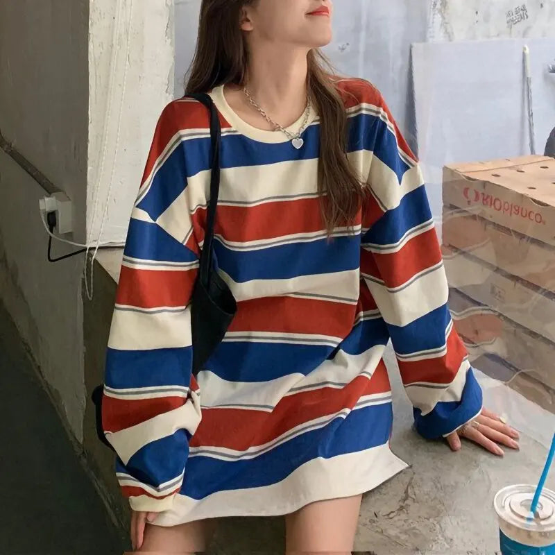 Women's Casual Long Sleeve T-shirt Fashion Stripe Printing Round Neck Loose Pullover Tops